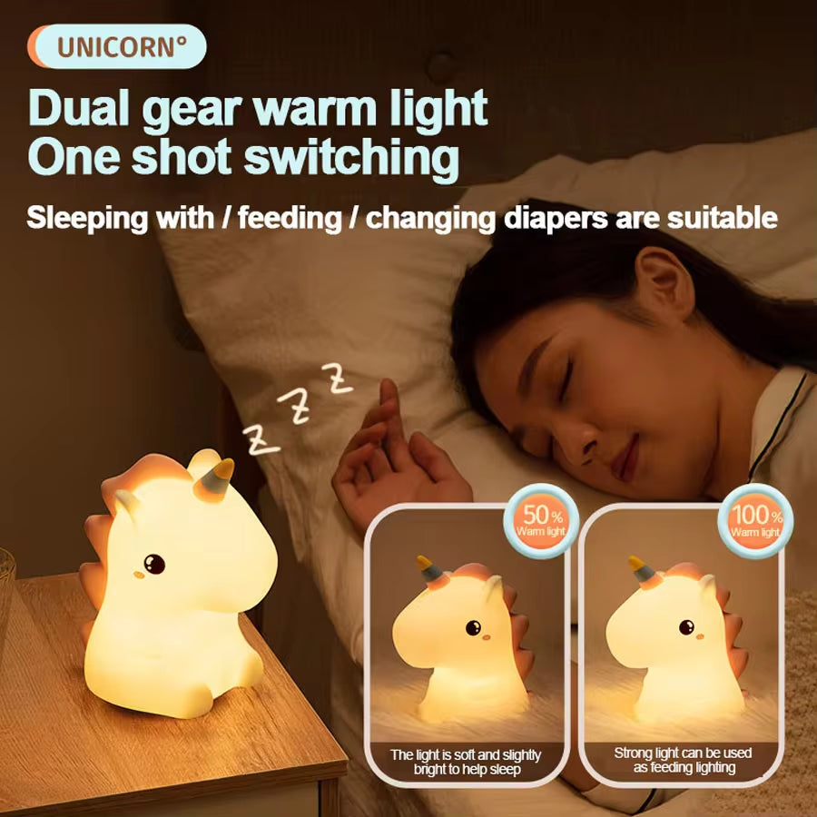 Unicornio LED para Dormitorio Infantil – Lámpara Táctil USB