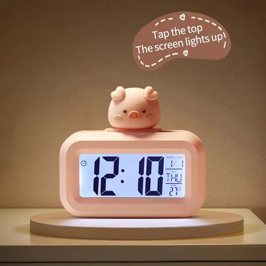 Reloj Despertador LED Kawaii – Cerdito, Luz Nocturna y Digital