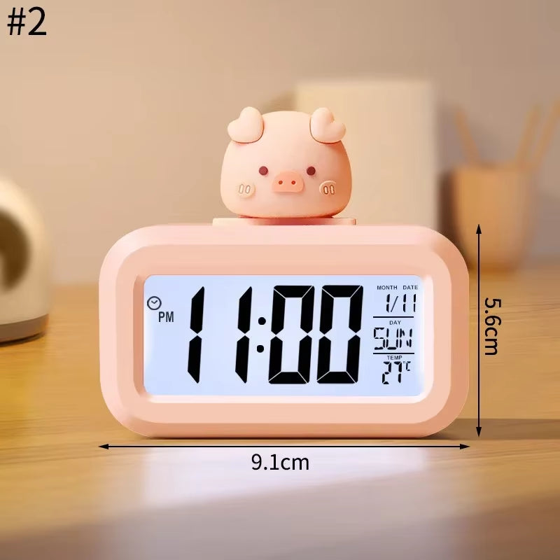 Reloj Despertador LED Kawaii – Cerdito, Luz Nocturna y Digital